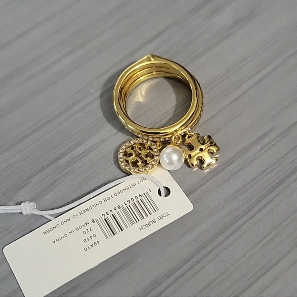 Tory Burch Miller Pave Charm Stack Ring Gold NWT $148